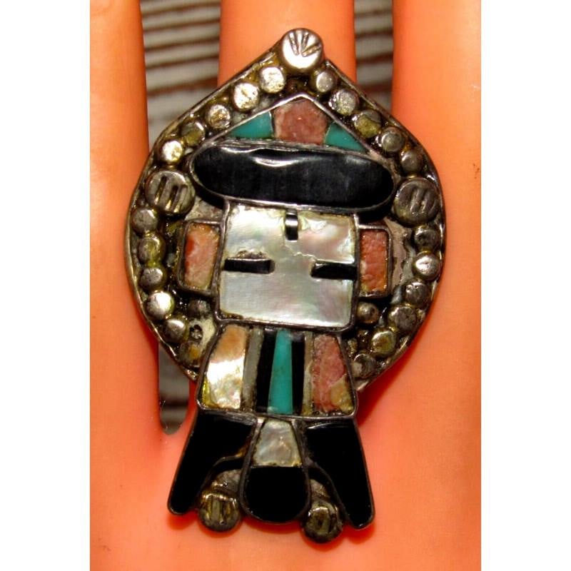 Old Pawn Zuni Inlay Kachina Ring Size 8 Sterling Silver Native VTG (1 of 5)