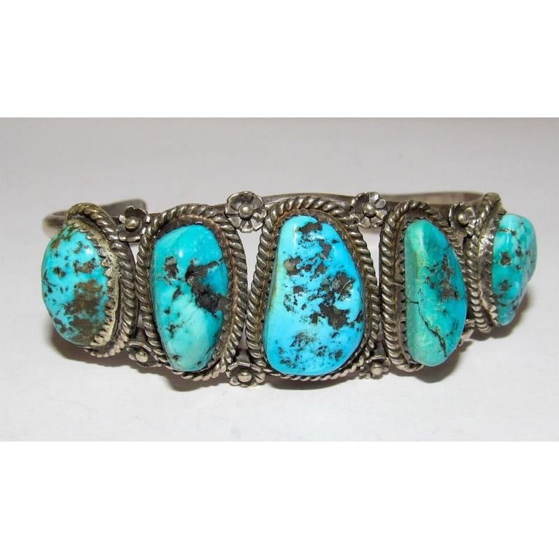 Old Pawn Navajo Turquoise Cuff Bracelet Sterling Silver Native American (1 of 9)