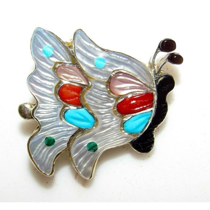 Zuni Inlay Butterfly Pin Pendant Sterling Silver Tamara Pinto Native American (1 of 5)