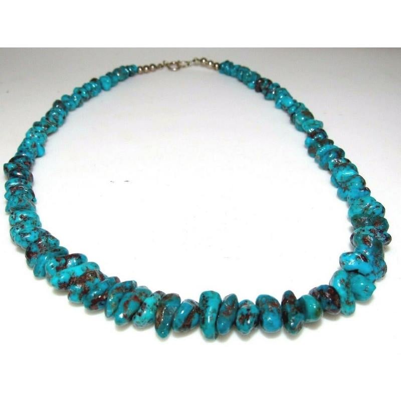 Old Pawn Navajo Morenci Turquoise Heishi Necklace Choker 17" Sterling Silver: Phenomenal vintage Navajo Morenci turquoise free form natural beads with sterling silver clasp. Measures about 17" long. Good vintage condition. Gorgeous, elegant, classic piece that is sure to comple