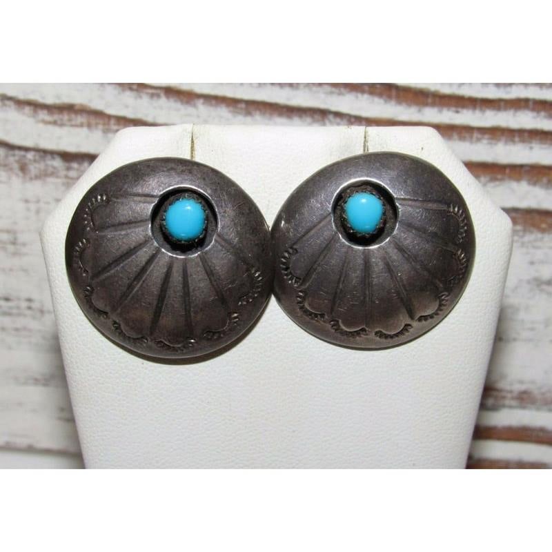 Old Pawn Navajo Sterling Concho Earrings with Turquoise Shadowbox Design (1 of 4)