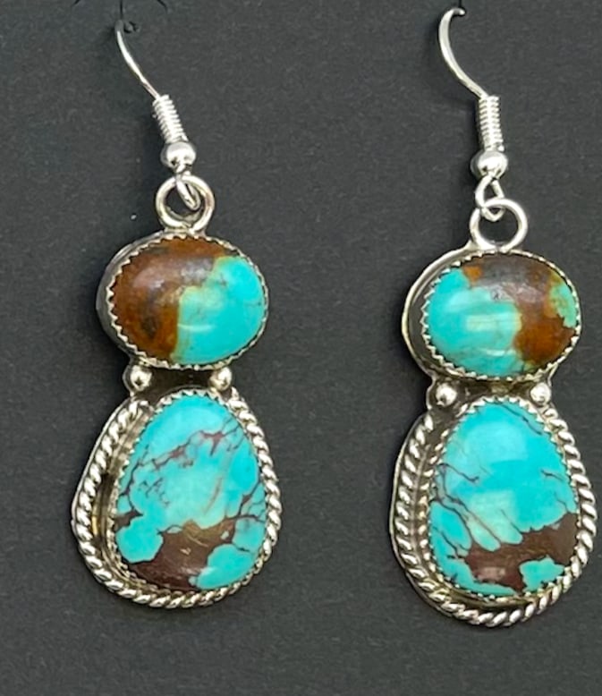 Navajo Number 8 Turquoise Dangle Earrings Sterling Silver R. Martinez: Exceptional Navajo sterling silver and Number 8 turquoise statement dangle earrings with a French hook by the Navajo artist Rob Martinez. The earrings measure about 2" long including the hooks by 5/8 