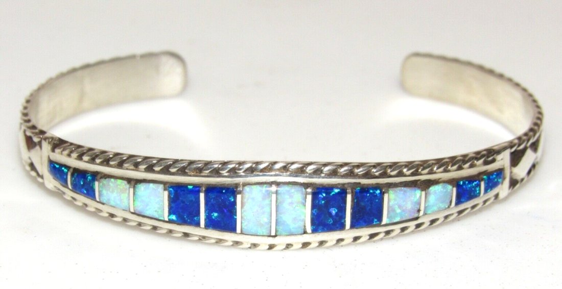 Zuni Opal Bracelet Inlay Sterling Silver Stacker Cuff M. Peynetsa Native (1 of 4)