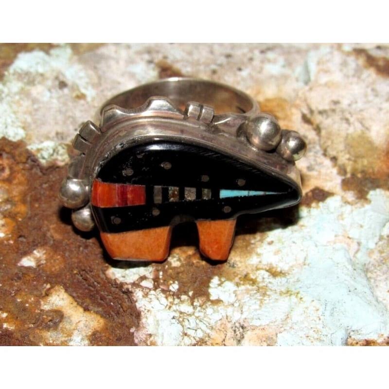 Navajo Ray Jack Turquoise Spiny Jet Inlay Bear Ring Size 7.5: For your consideration is this fabulous Navajo sterling silver, jet, spiny oyster and turquoise inlay bear ring by the highly collectible Navajo artist Ray Jack.This fabulous ring features a hand etch