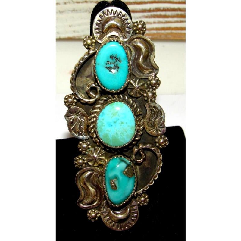 Massive Navajo Kingman Turquoise Statement Ring Size 8 Sterling Etsitty 3" L (1 of 5)