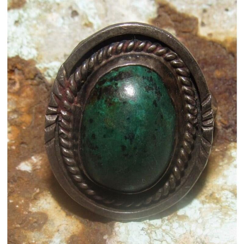 VTG Navajo Chrysocolla Turquoise Ring Size 10 Sterling Silver Native Vintage (1 of 8)