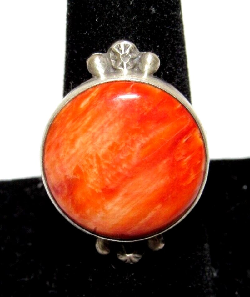 Navajo Orange Spiny Ring Size 7 Sterling Silver Native American S. Skeets (1 of 5)