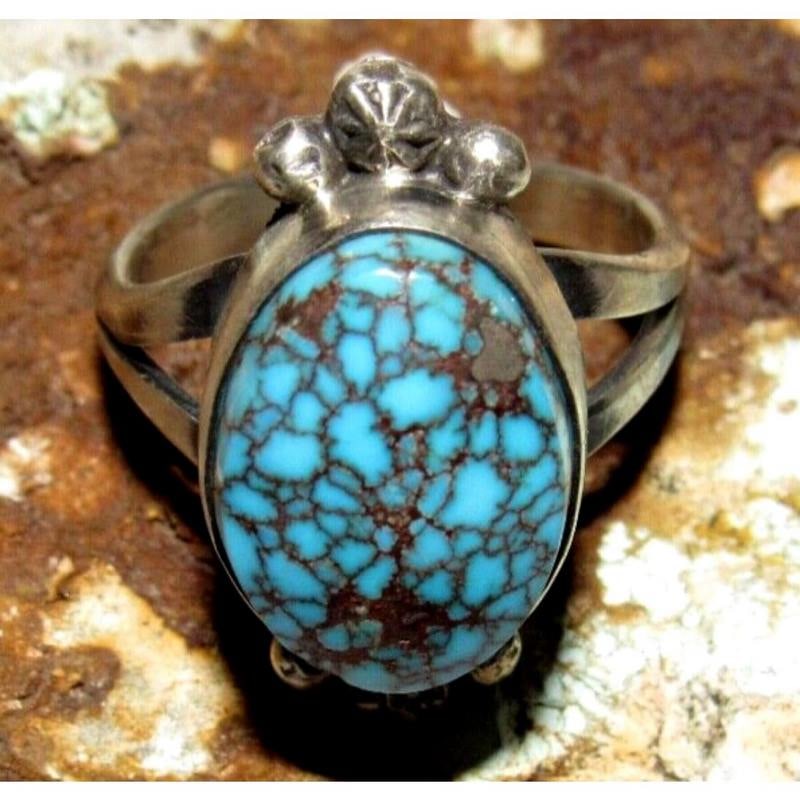 Navajo Spiderweb Kingman Turquoise Ring Sz 8.5 Sterling Silver Eli Skeets (1 of 6)