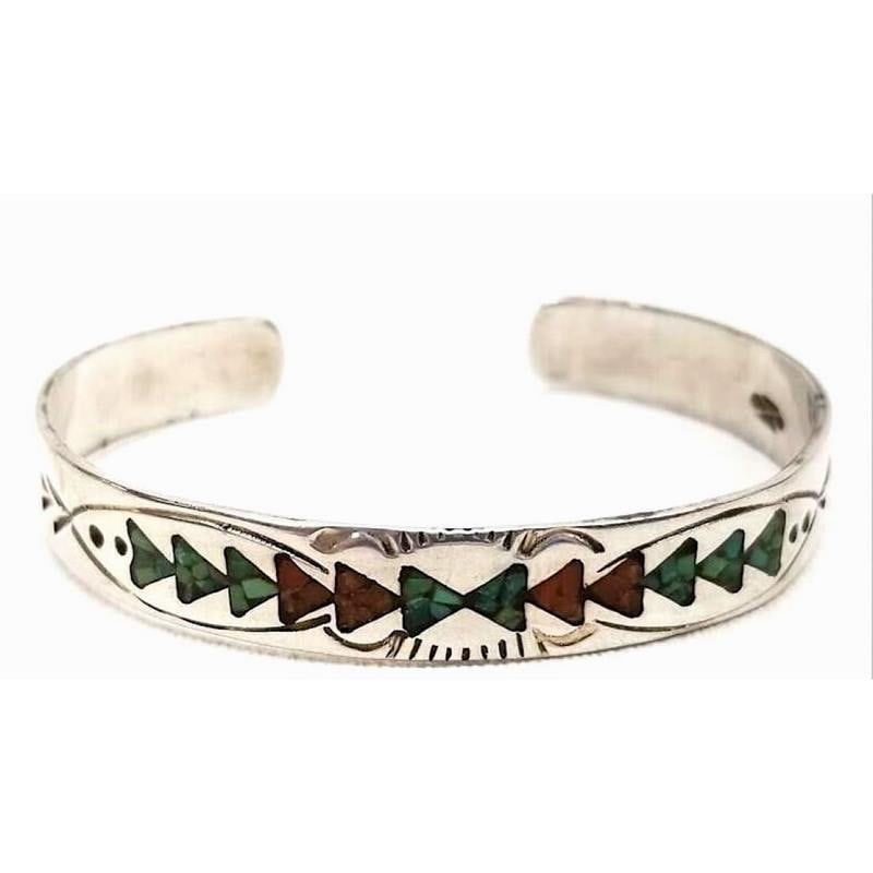 Early Vintage Navajo Tommy Singer Turquoise Coral Inlay Cuff Bracelet Sterling (1 of 5)