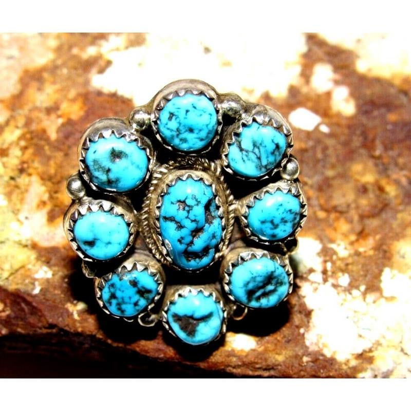 Navajo Kingman Turquoise Cluster Ring Sz 10 Sterling Silver Native Signed (1 of 5)