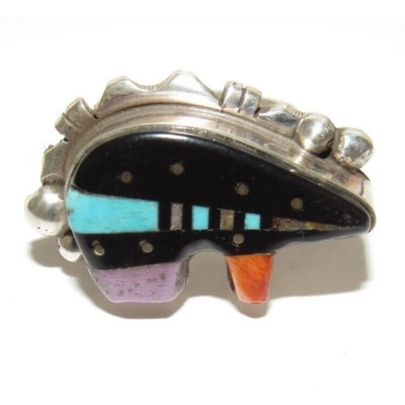 Navajo Ray Jack Turquoise Spiny Jet Inlay Bear Ring Size 8: For your consideration is this fabulous Navajo sterling silver, jet, spiny oyster and turquoise inlay bear ring by the highly collectible Navajo artist Ray Jack.This fabulous ring features a hand etch