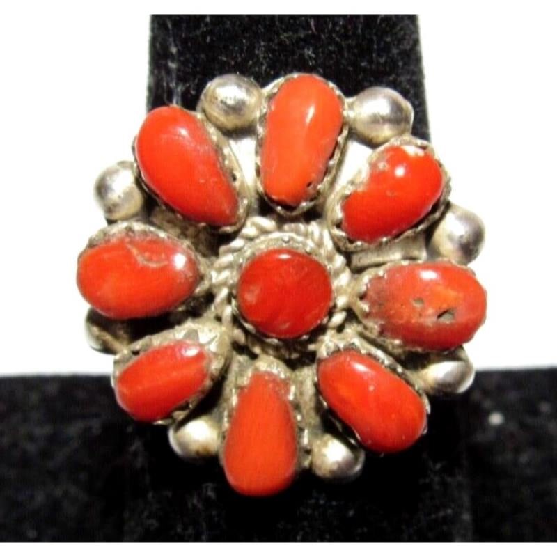 Navajo Coral Cluster Ring Sz 8 Sterling Silver M. Apachito (1 of 5)