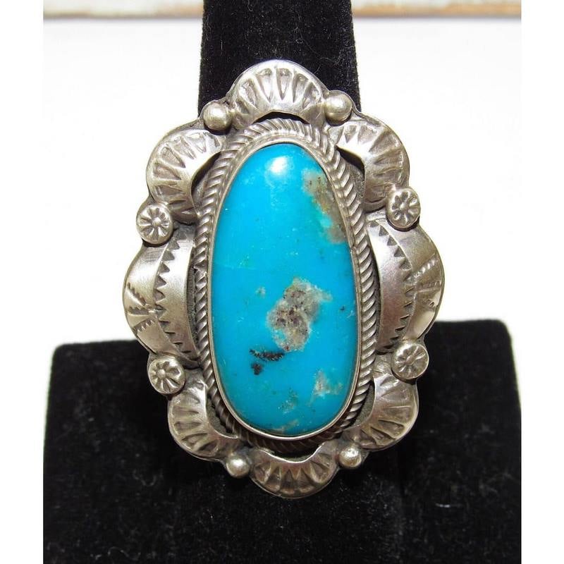Navajo Morenci Turquoise Statement Ring Sz 7.5 Sterling Silver Signed (1 of 5)
