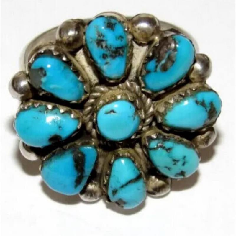 Navajo Kingman Cluster Ring Sz 7.5 Sterling Silver M. Apachito (1 of 6)