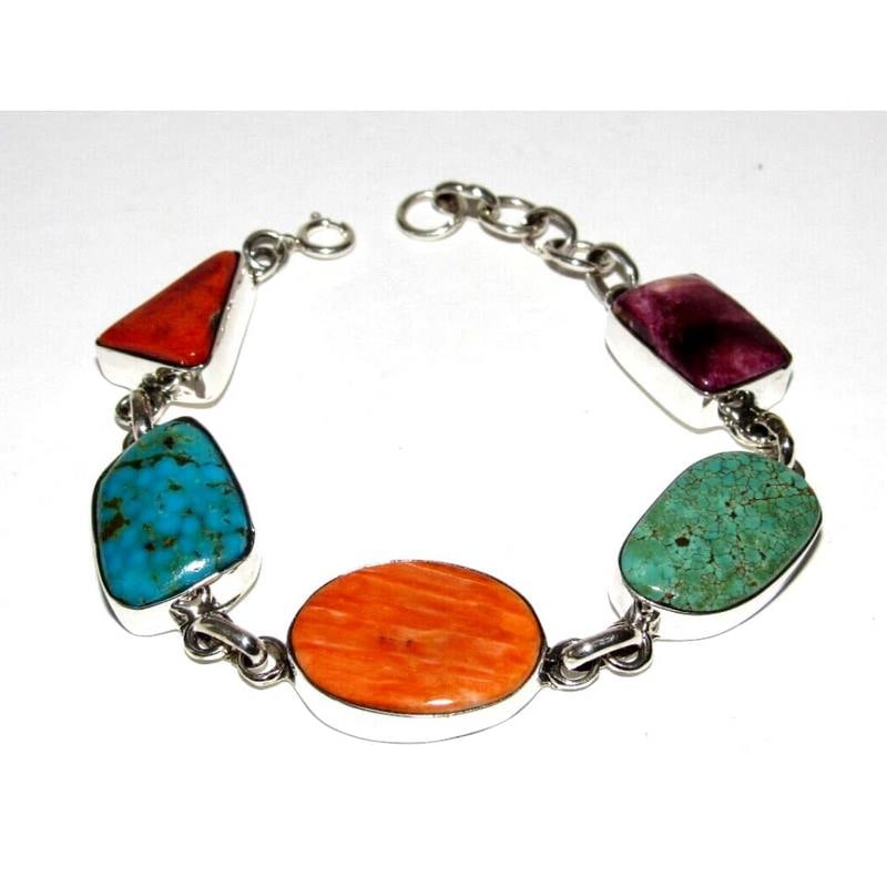 Navajo Turquoise Orange Purple Spiny Adjustable Link Bracelet Sterling J. Yazzie (1 of 6)