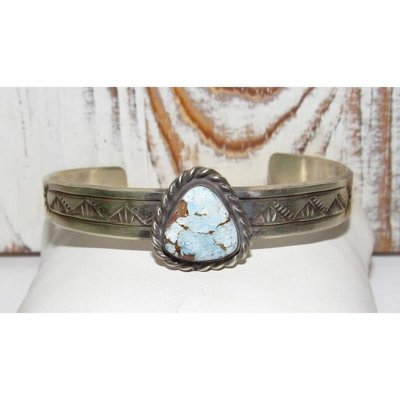 Navajo Golden Hills Turquoise Bracelet Sterling Silver: Fab sterling silver and gorgeous Golden Hills mine turquoise Native American Navajo stacker cuff bracelet by R. Enriquez. Wonderful craftsmanship and attention to detail, intricately hand stamped trib