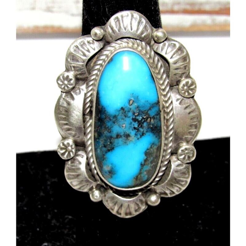 Navajo Morenci Turquoise Statement Ring Sz 7 Sterling Silver Signed Native (1 of 7)