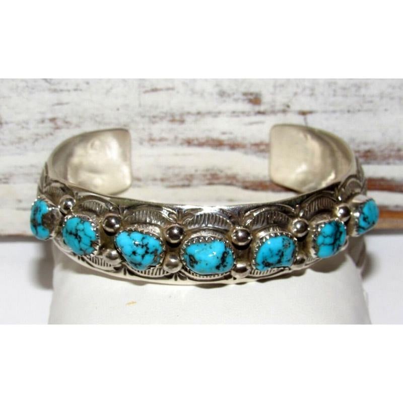 Navajo Kingman Turquoise Stacker Cuff Bracelet Sterling Silver Grace Silver: Fab sterling silver and Kingman turquoise Native American Navajo stacker cuff bracelet by the collectible Navajo artist Grace Silver. Traditional Kingman turquoise cabochons row design on a front set 