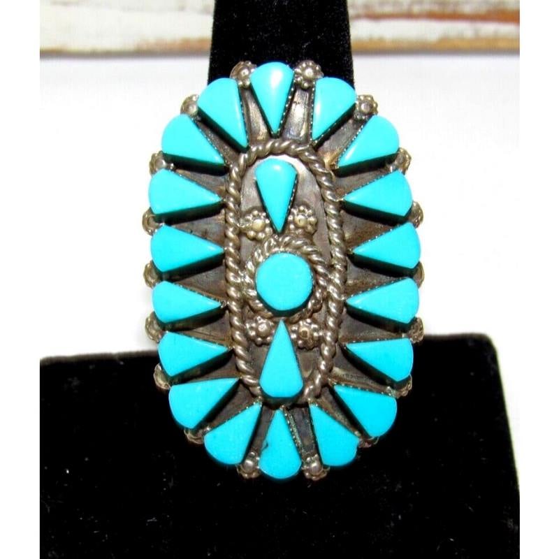 Vintage Zuni Turquoise Cluster Ring Size 7.5 Sterling Silver Native American (1 of 4)