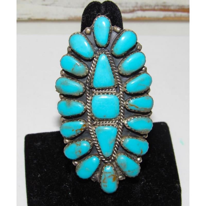 VTG Navajo Turquoise Cluster Ring Sz 7 Sterling Silver Signed JP (1 of 7)