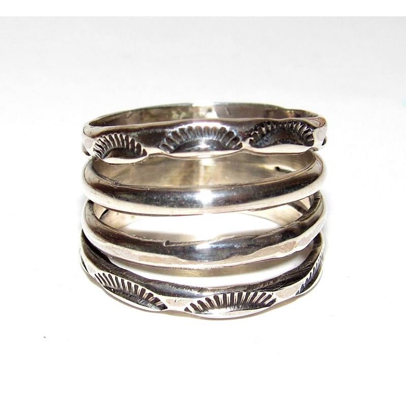 Navajo Band Stacker Ring Size 8 Sterling Band Rob Cadman: Fab Native American Navajo sterling silver ingot hand etched and stamped tribal design band stacker ring by the Navajo artist Rob Cadman. The ring is size 8. Measures about 5/8" wide at the widest poi