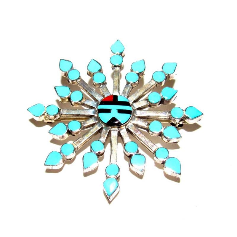 Vintage Zuni Sunface Pin Pendant Brooch Vera Halusewa Petit Point Turquoise: For your consideration is this wonderful vintage Zuni pendant brooch by the collectible Zuni artist Vera Halusewa. The pin features a traditional and meaningful Zuni Surface design with intricate natu