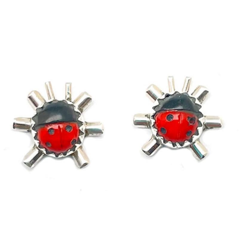 Navajo Lady Bug Inlay Post Earrings Coral Jet A. McCabe (1 of 4)