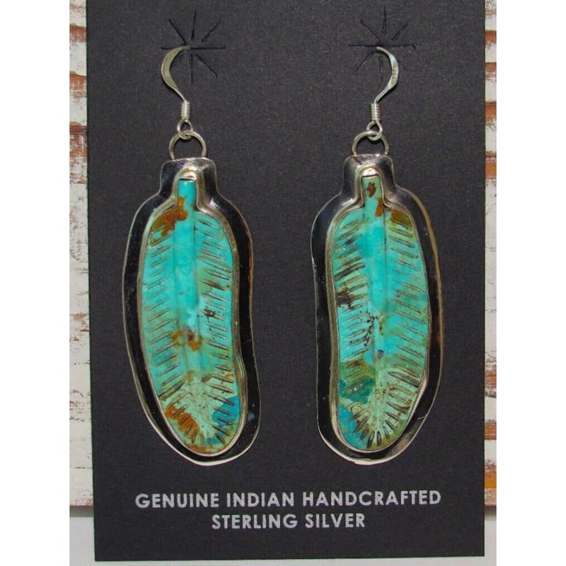 Navajo Sterling Silver Carved Turquoise Feather Dangle Earrings J Delgarito (1 of 4)
