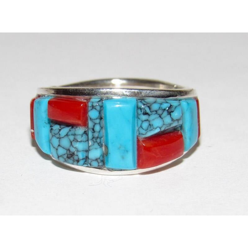 Navajo Turquoise Coral Cobble Inlay Ring Sz 7 Sterling Silver Edison Yazzie: Elevate your jewelry collection with the Navajo Sterling Silver Turquoise and Mediterranean Coral Cobble Inlay Ring, a stunning creation by the Navajo artisan Edison Yazzie. This exquisite ring showca