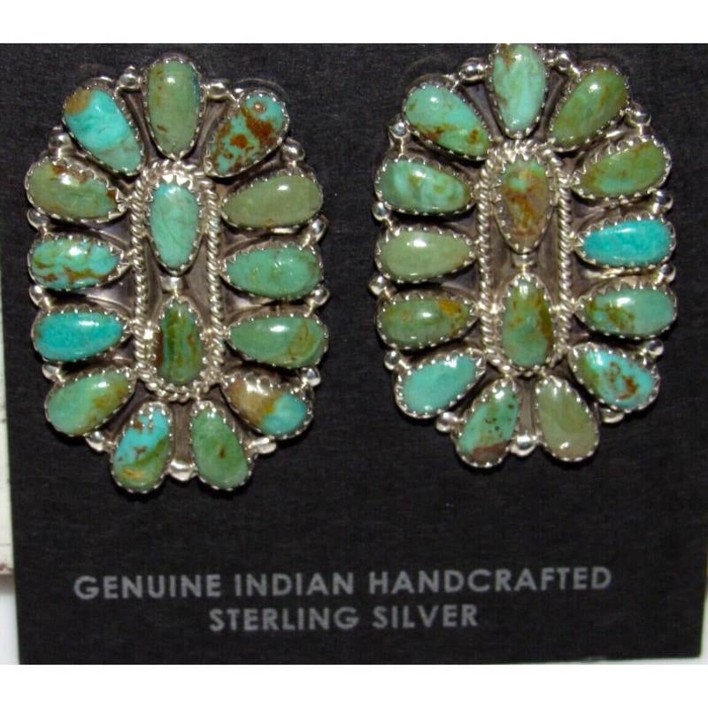 Navajo Turquoise Cluster Earrings Sterling Silver 1.5" Signed Native (1 of 4)