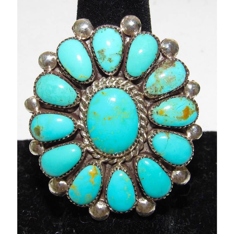 Zuni Royston Turquoise Statement Cluster Ring Sz 9 Sterling L. Waatsa (1 of 4)