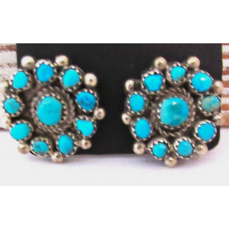 VTG Zuni Snake Eye Turquoise Cluster Earrings Sterling Silver Native American (1 of 4)