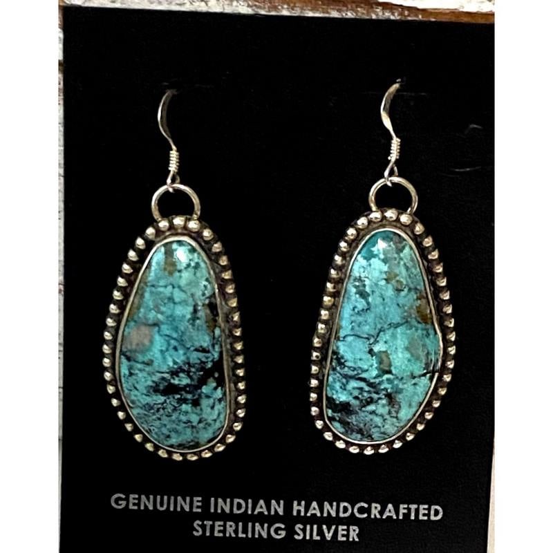 Navajo Morenci Turquoise Dangle Earrings Sterling Silver L Hurley: Exceptional Navajo sterling silver and Morenci turquoise statement dangle earrings with a French hook by the Navajo artist Leon Hurley. The earrings measure about 2" long including the hooks. Stunning