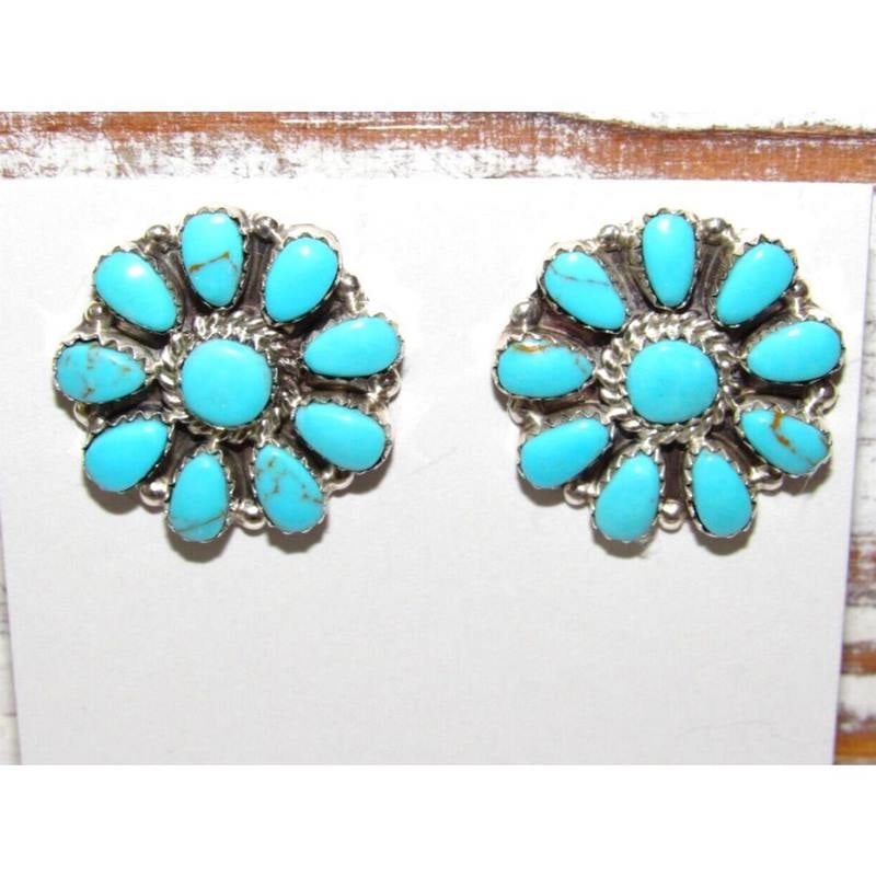 Navajo Turquoise Cluster Earrings Sterling Silver Becenti 1" (1 of 2)