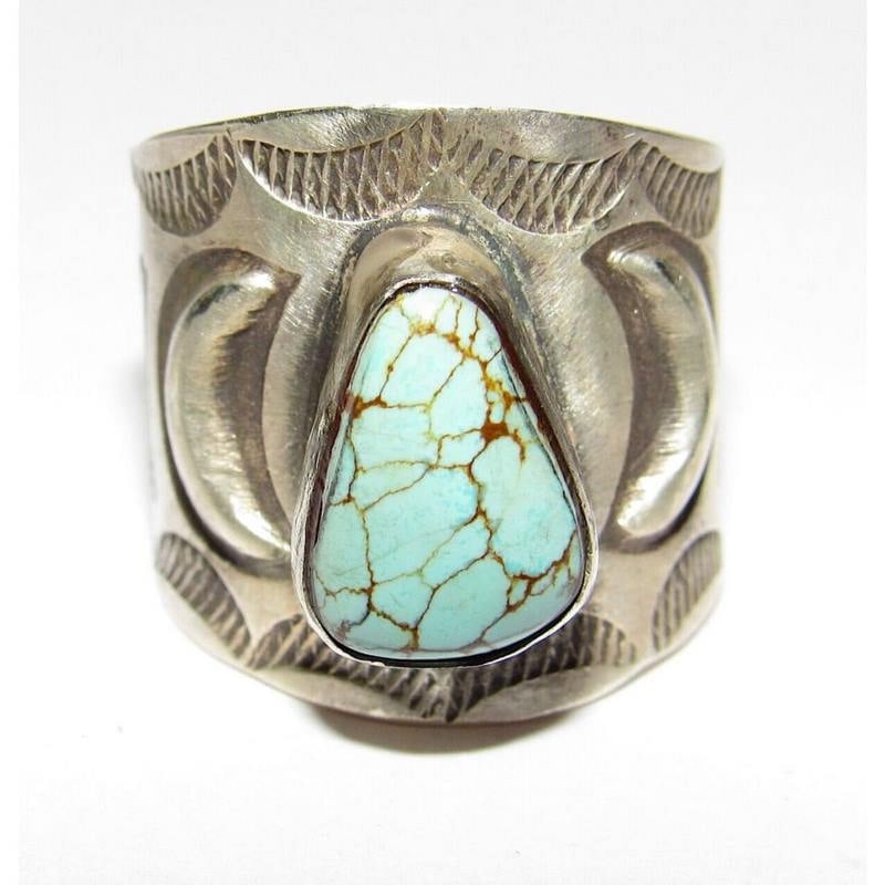 Navajo R.Willie Dry Creek Turquoise Ring Sz 8 Sterling Silver Band Ingot Ring (1 of 7)