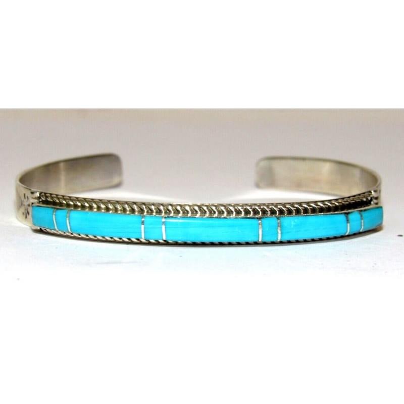 Navajo Turquoise Inlay Stacker Cuff Bracelet Sterling Native American Signed (1 of 8)
