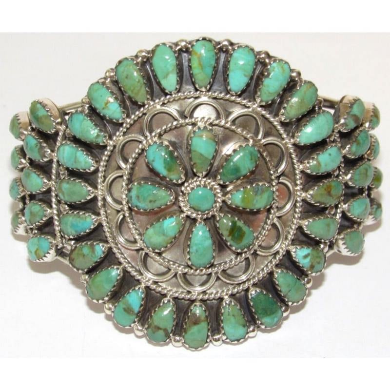 Navajo Turquoise Cluster Cuff Bracelet Sterling Silver Native American Signed (1 of 8)