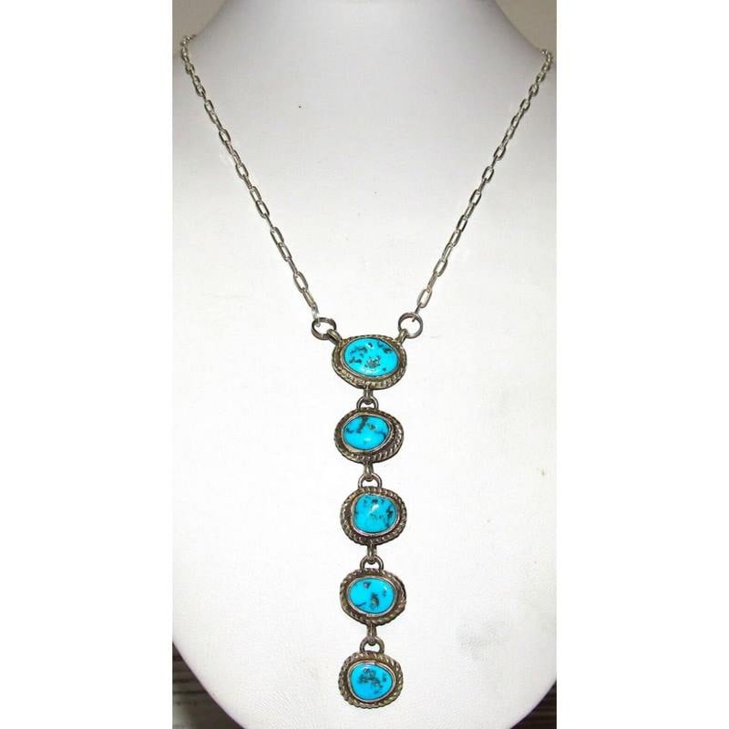 Navajo Kingman Turquoise Small Lariat Necklace Sterling Silver M. James (1 of 8)