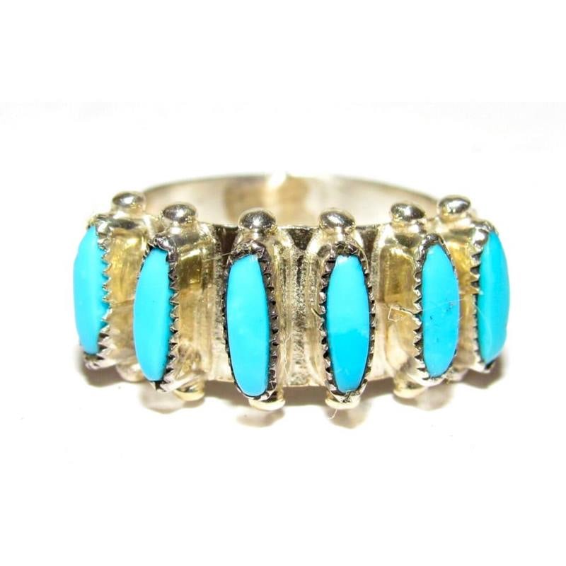 Zuni Turquoise Petite Point Ring Sz 7 Sterling Signed Native American (1 of 6)