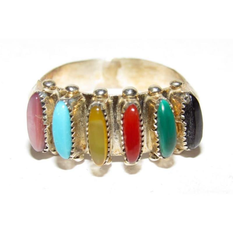 Zuni Petite Point Ring Sz 7.5 Sterling Turquoise Coral Malachite Signed Native (1 of 5)