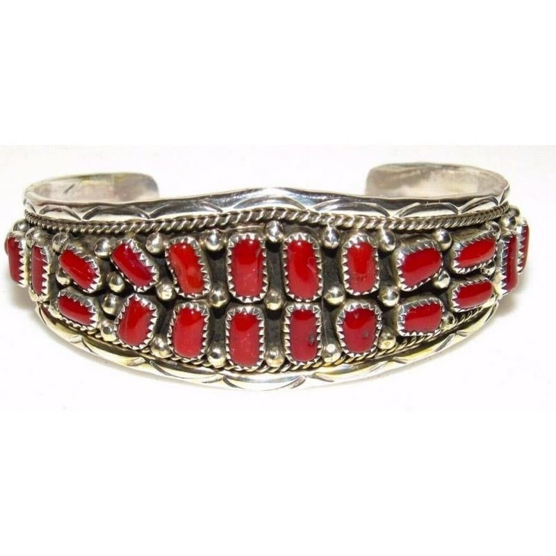 Navajo Mediterranean Coral Cuff Bracelet Sterling Silver Signed Native American (1 of 7)
