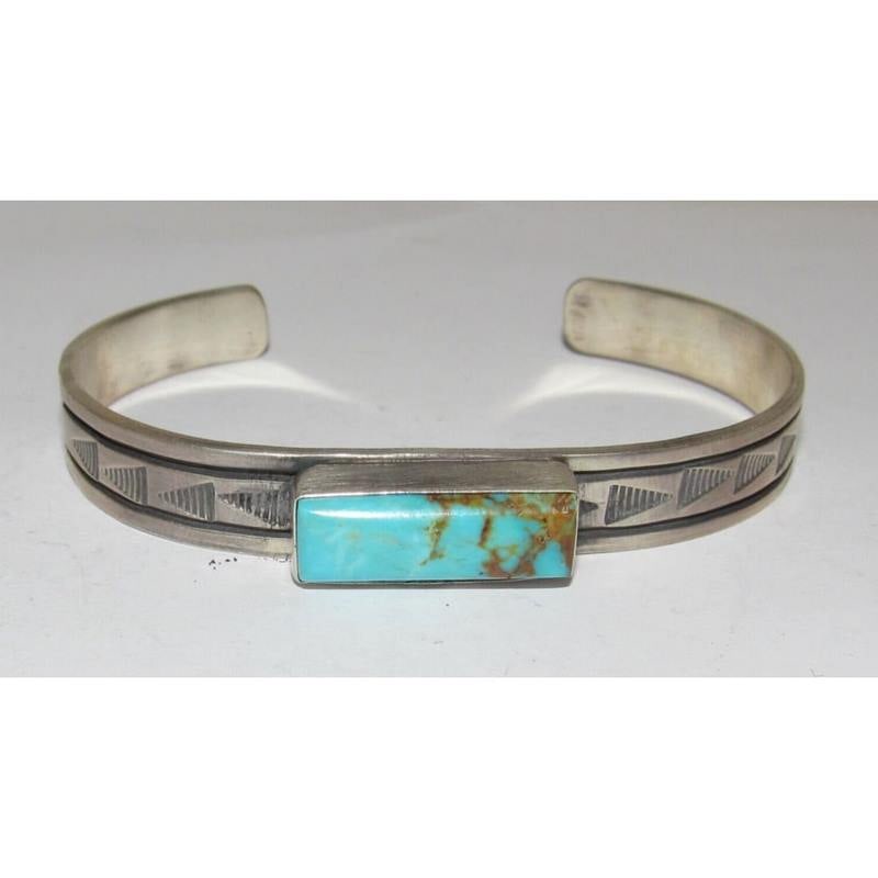 Navajo Royston Turquoise Stacker Cuff Sterling Hand Etched Bracelet Signed (1 of 6)