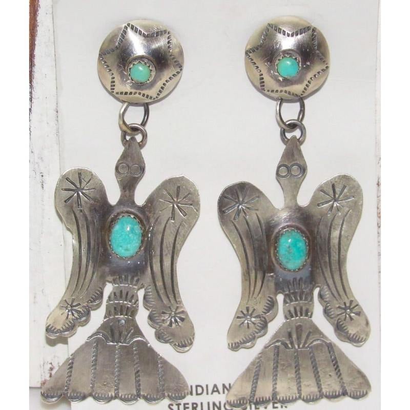 Navajo Peyote Bird Dangle Concho Earrings Royston Turquoise Sterling Yazzie (1 of 6)