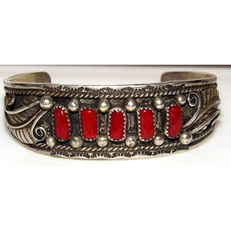 VTG Navajo Mediterranean Coral Cuff Bracelet Sterling Silver Cecil Nez Native (1 of 6)