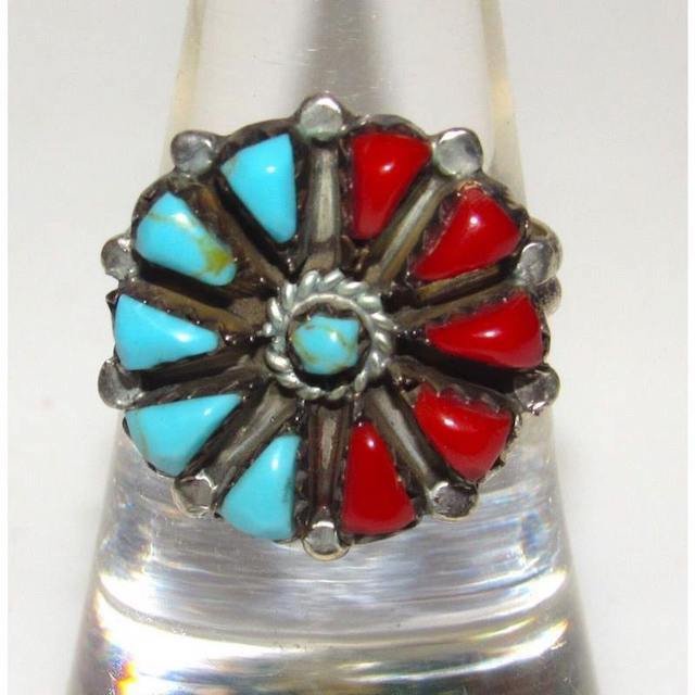 VTG Zuni Turquoise Coral Cluster Ring Size 7 Sterling Silver Native American (1 of 6)