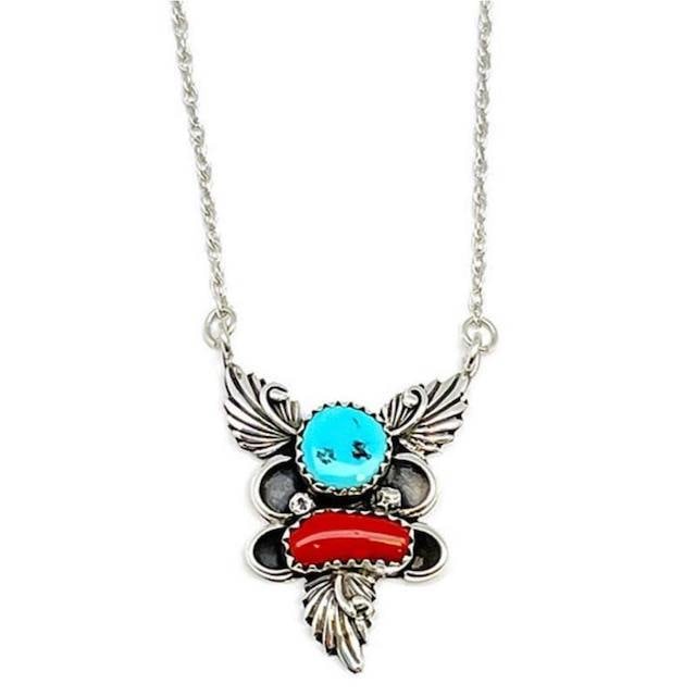 Navajo Turquoise Coral Bar Necklace Sterling Silver Kingman Turquoise Mediterranean Coral R. Chee (1 of 3)