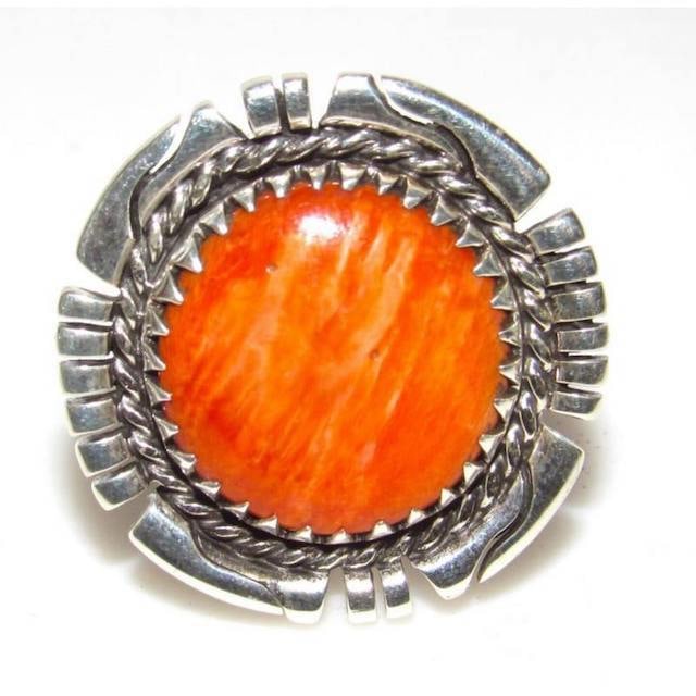 Navajo Orange Spiny Ring Size 7 Adjustable Sterling Silver R Platero (1 of 6)