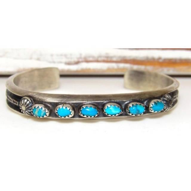 Navajo Kingman Turquoise Stacker Cuff Bracelet Sterling Silver M. Cayatineto: Fab sterling silver and Kingman turquoise Native American Navajo stacker cuff bracelet by the collectible Navajo artist M. Cayatineto. Traditional Kingman turquoise cabochons row design on a front set