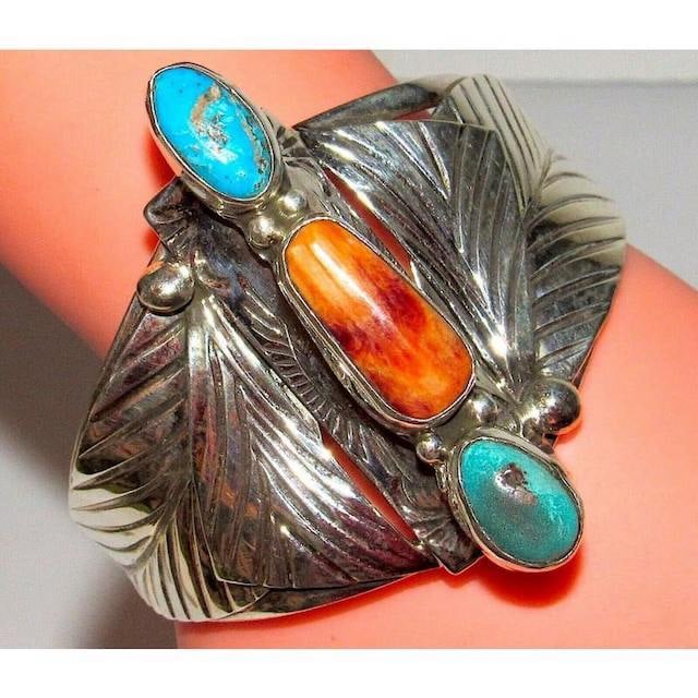 Navajo Adam Fierro Turquoise Spiny Oyster Sterling Cuff Bracelet Singed 65Gr (1 of 6)