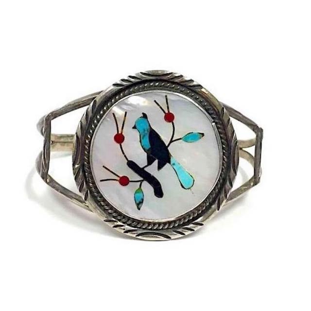 Navajo Blue Jay Bird Inlay Sterling Silver Turquoise Cuff Bracelet (1 of 4)